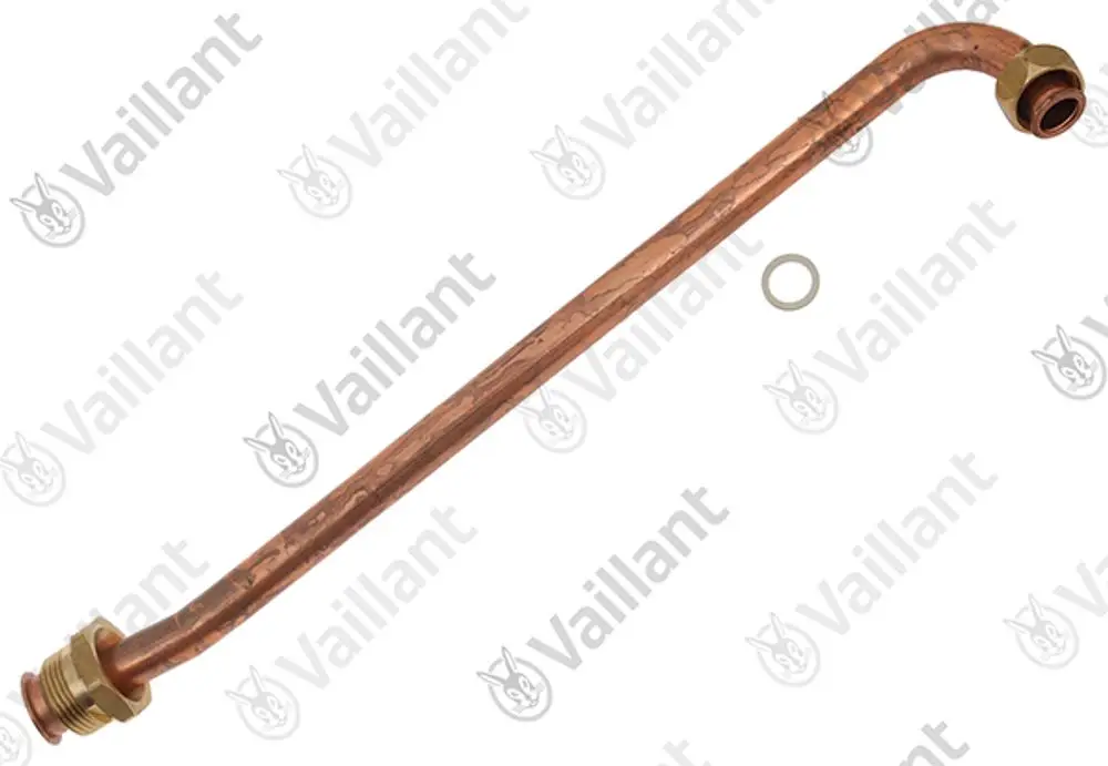 Kupferrohr mit gebogenem Ende und einem Gewindeanschluss, mit einer Dichtung, hergestellt von Vaillant. Ideal für Heizungsinstallationen.